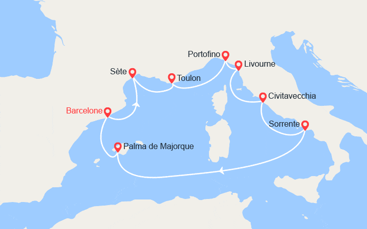 Carte itinéraire croisière Côte d'Azur, Toscane, Italie, Majorque