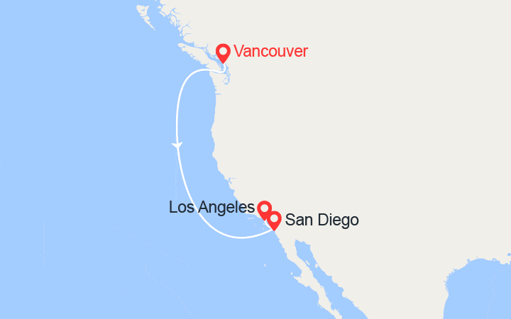 Carte itinéraire croisière Côte du Pacifique: Vancouver, San Diego, Los Angeles
