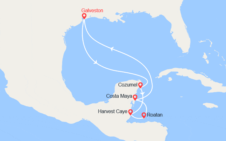 Carte itinéraire croisière Cozumel, Mexique, Honduras, Costa Maya