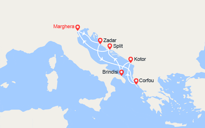 Carte itinéraire croisière Croatie, Corfou, Monténégro, Italie