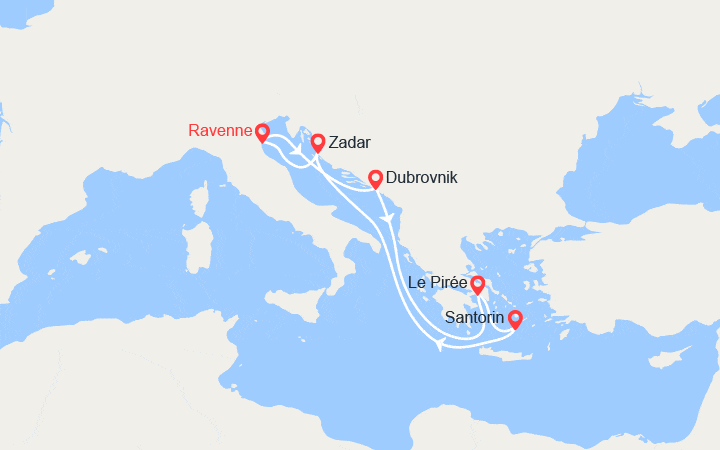 Carte itinéraire croisière Croatie, Grèce : Dubrovnik, Athènes, Zadar