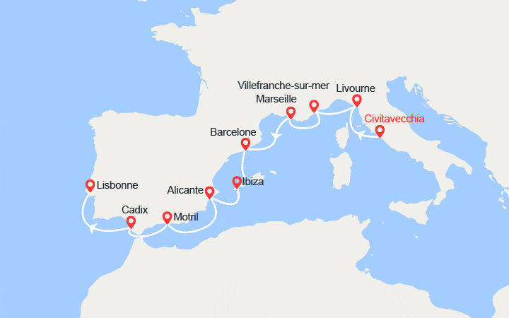 Carte itinéraire croisière D’Italie au Portugal : France, Espagne