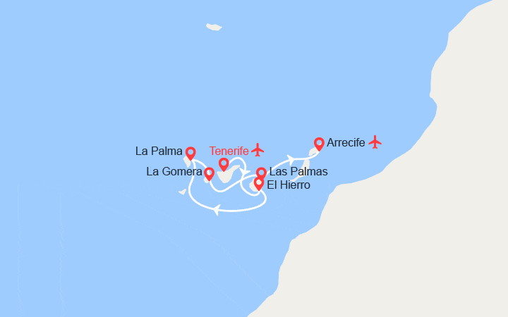 Carte itinéraire croisière Dans l'Archipel des Canaries - Vols inclus depuis Paris (TLZ)