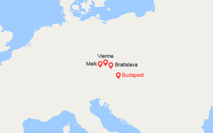 Carte itinéraire croisière Danube : de Budapest à Vienna via Bratislava et Melk