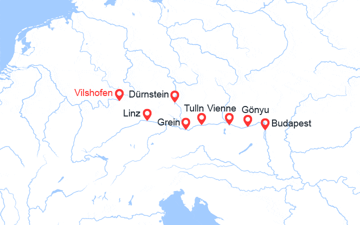 Carte itinéraire croisière Danube : de Vilshofen à Budapest