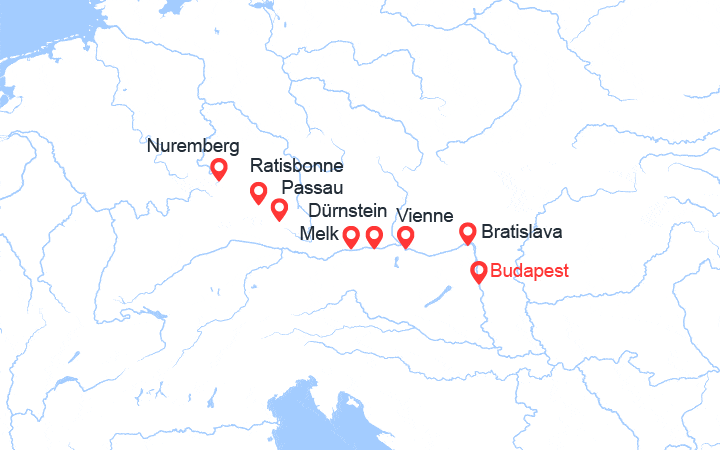 Carte itinéraire croisière Danube : Hongrie, Slovaquie, Autriche et Allemagne