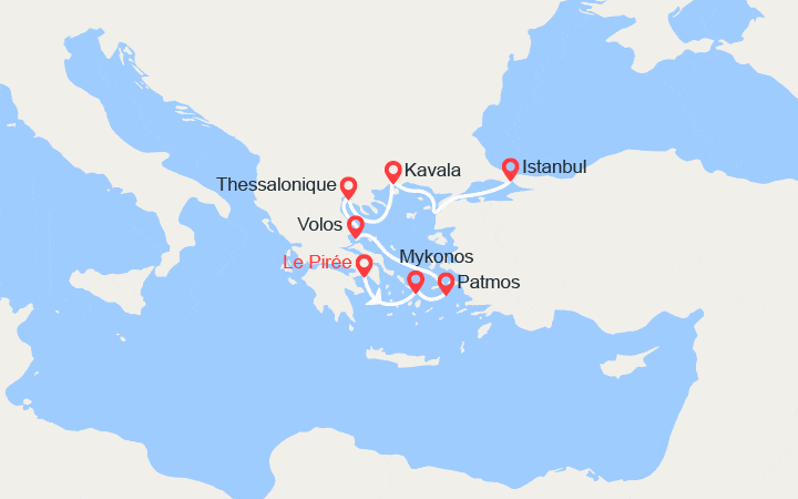 Carte itinéraire croisière De Athènes à Istanbul : Mykonos, Patmos, Volos, Thessalonique