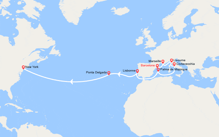 Carte itinéraire croisière De Barcelone à New York : Pise, Rome, Palma, Lisbonne