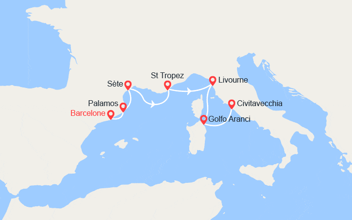 Carte itinéraire croisière De Barcelone à Rome : Costa Brava, Côte d'Azur, Toscane, Sardaigne