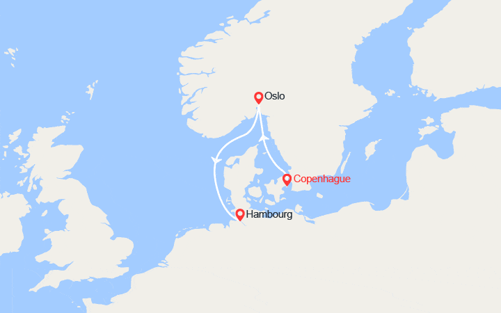 Carte itinéraire croisière De Copenhague à Hambourg