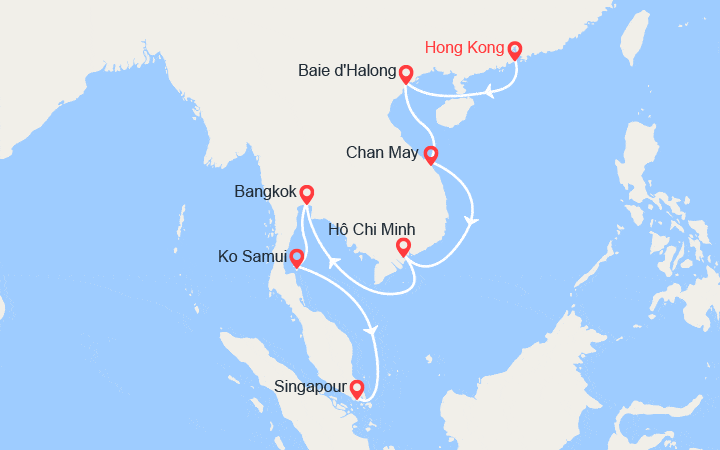 Carte itinéraire croisière De Hong Kong à Singapour par le Vietnam et la Thaïlande