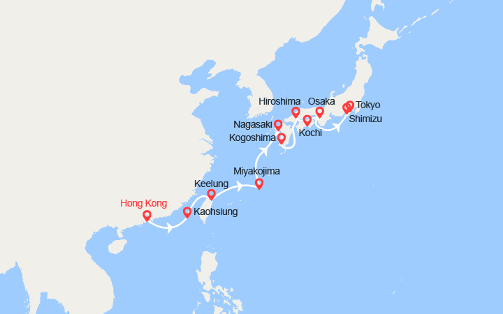 Carte itinéraire croisière De Hong Kong à Tokyo