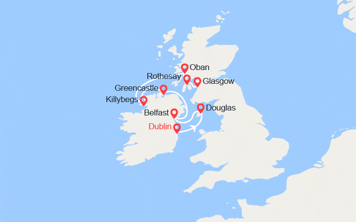 Carte itinéraire croisière De l' Irlande à l' Ecosse : voyage en terres celtiques