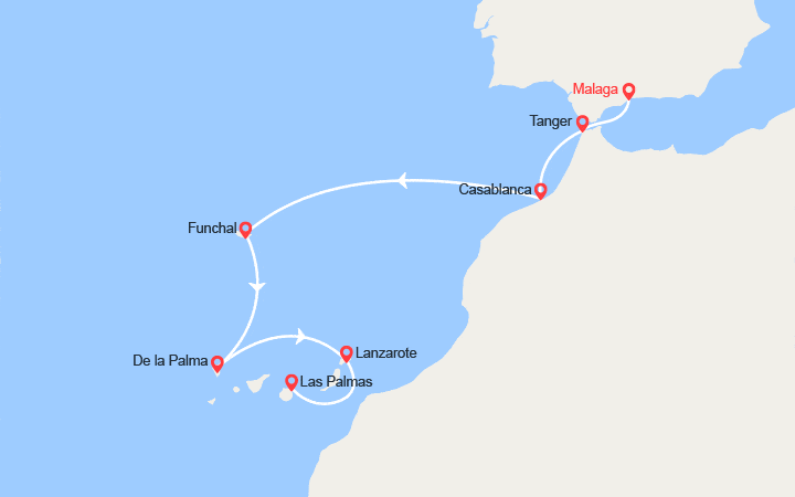 Carte itinéraire croisière De la péninsule ibérique aux Canaries