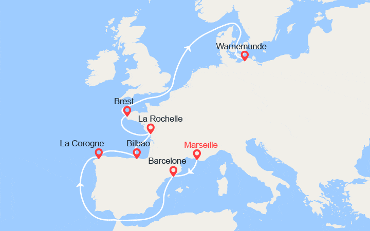 Carte itinéraire croisière De Marseille à Warnemunde