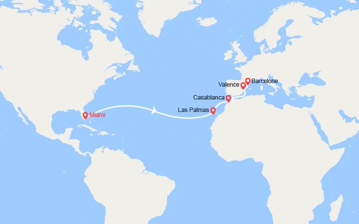 Carte itinéraire croisière De Miami à Barcelone : Iles Canaries, Maroc, Espagne