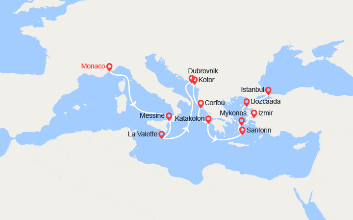 Carte itinéraire croisière De Monte-Carlo à Istanbul : Sicile, Malte, Croatie, Monténégro, Iles grecques, Turquie