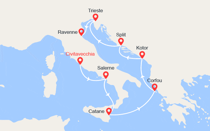 Carte itinéraire croisière De Rome à Ravenne : Italie, Corfou, Monténégro, Croatie