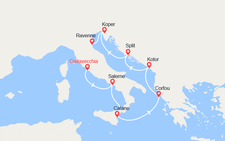 Carte itinéraire croisière De Rome à Ravenne : Italie, Corfou, Monténégro, Croatie, Slovénie