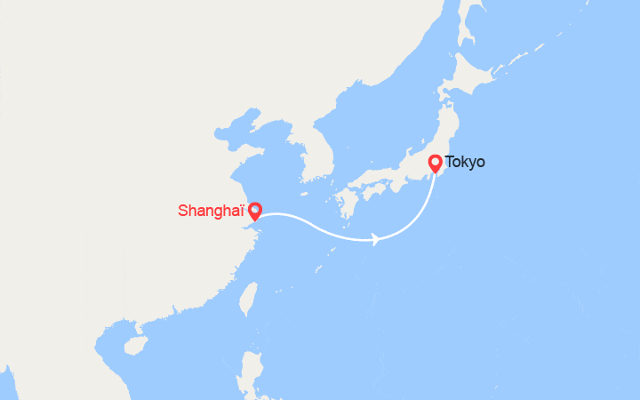 Carte itinéraire croisière De Shangai à Tokyo