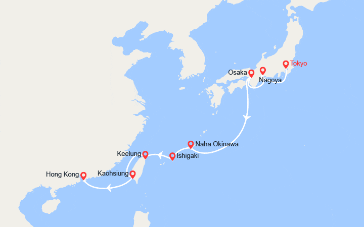 Carte itinéraire croisière De Tokyo à Hong Kong