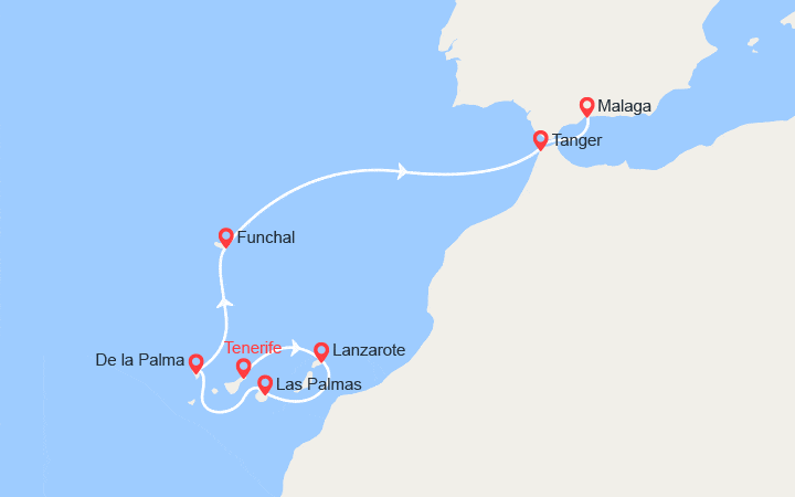 Carte itinéraire croisière Des Canaries à Malaga aux rythmes de la musique espagnole