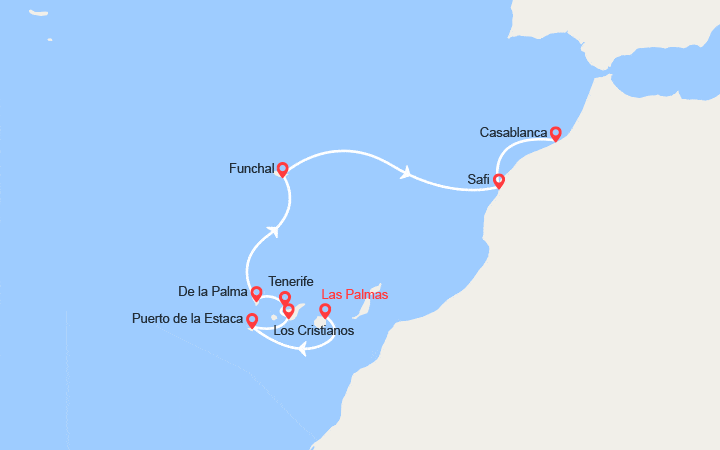 Carte itinéraire croisière Des Canaries aux rivages marocains
