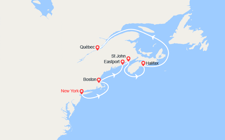 Carte itinéraire croisière Des Etats-Unis au Québec
