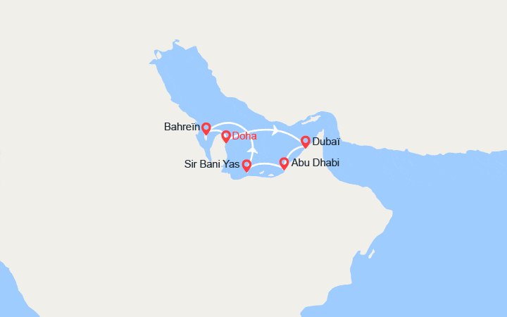 Carte itinéraire croisière Désert Fantastique : Dubaï, Abu Dhabi, Sir Bani Yas, Bahreïn