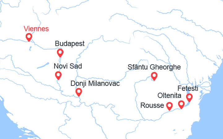 Carte itinéraire croisière Du Danube Bleu vers la Mer Noire ; de Vienne à Bucarest (VIO_PP)