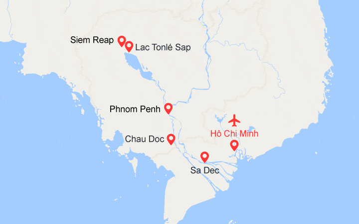 Carte itinéraire croisière Du Delta du Mékong aux temples d'Angkor (1H3)