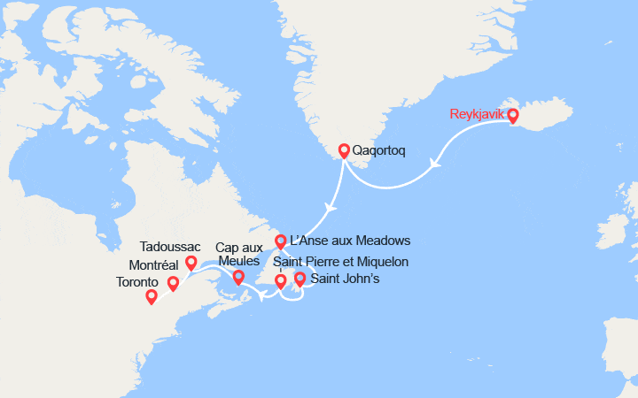 Carte itinéraire croisière Du Groenland au Canada par Saint-Pierre-et-Miquelon