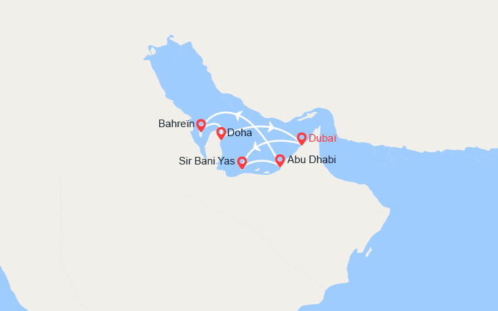 Carte itinéraire croisière Dubaï, Sir Bani Yas, Bahreïn, Doha