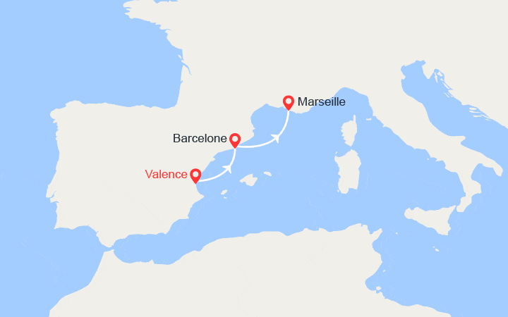 Carte itinéraire croisière Ecapade en Espagne : Valence, Barcelone, Marseille