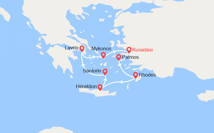 Carte itinéraire croisière Emblématique découverte en 5 jours au départ de Kusadasi