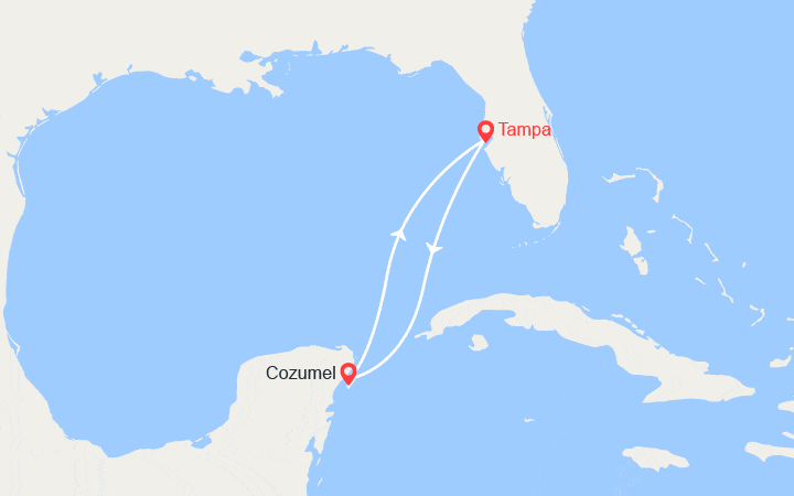 Carte itinéraire croisière Escapade de Tampa à Cozumel
