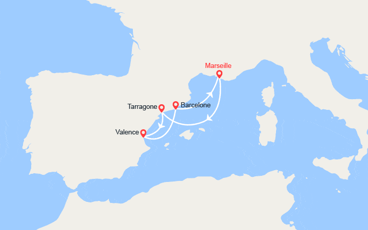 Carte itinéraire croisière Escapade en Espagne : Tarragone, Valence, Barcelone