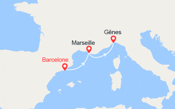 Carte itinéraire croisière Escapade en Méditérranée de Barcelone à Gênes