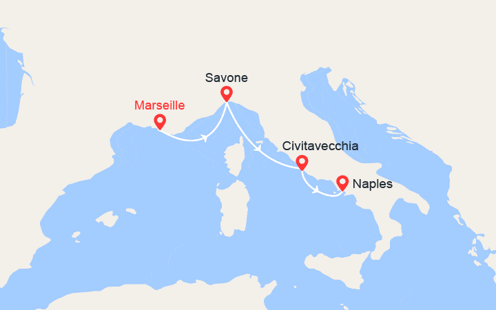 Carte itinéraire croisière Escapade en Méditerranée de Marseille à Naples