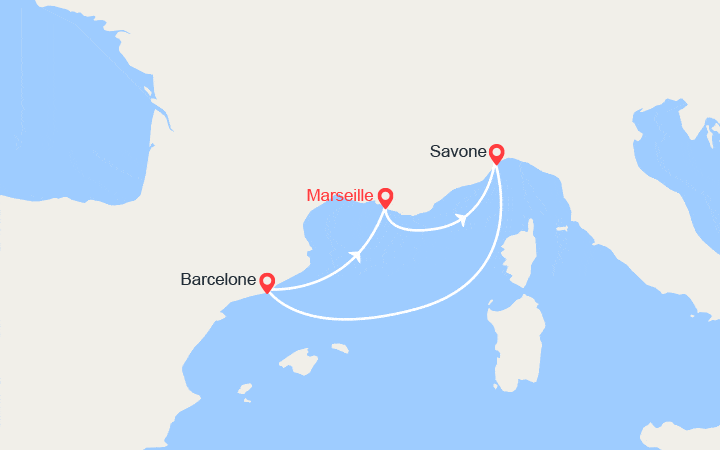 Carte itinéraire croisière Escapade en Méditerranée : Italie, Espagne