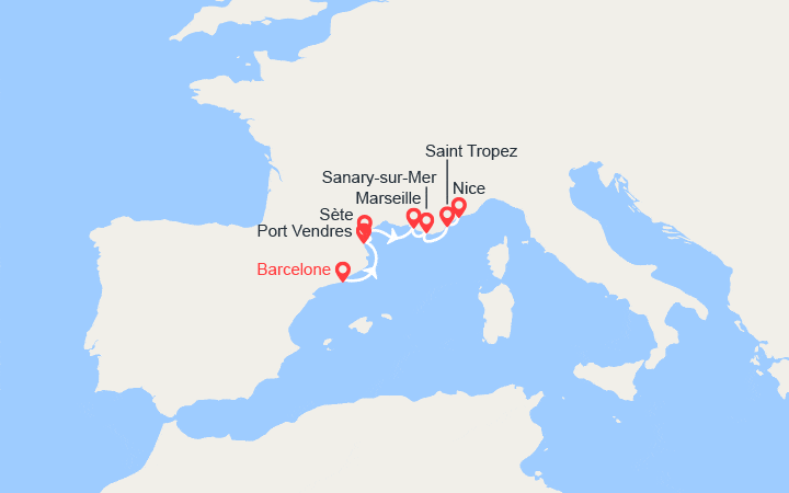 Carte itinéraire croisière Espagne, France