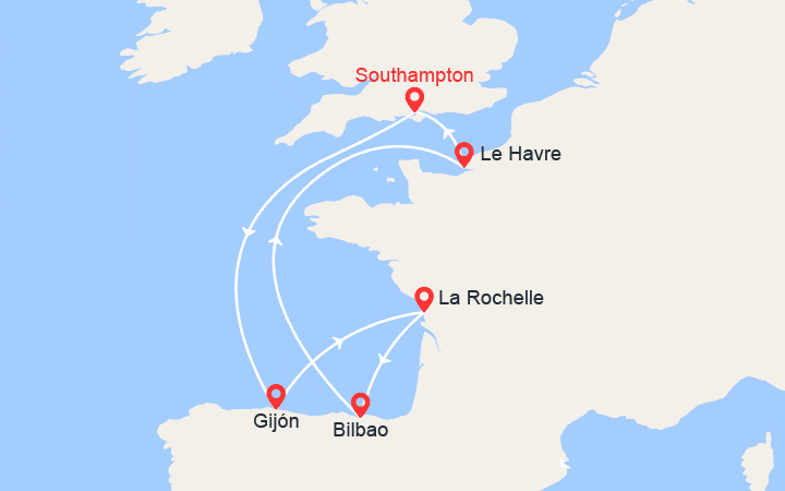Carte itinéraire croisière Espagne, France au départ du Royaume-Uni