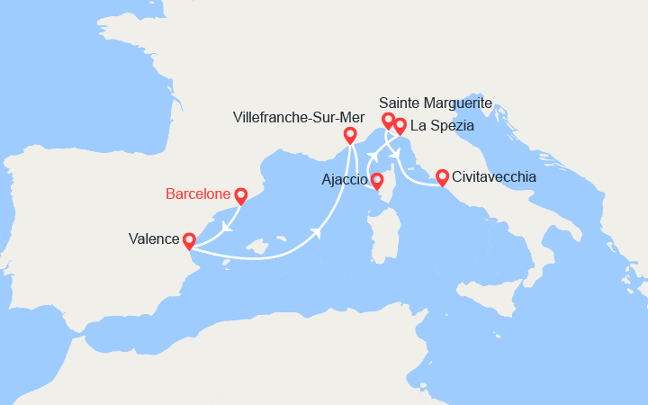 Carte itinéraire croisière Espagne, France, Italie