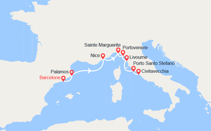 Carte itinéraire croisière Espagne, France, Italie