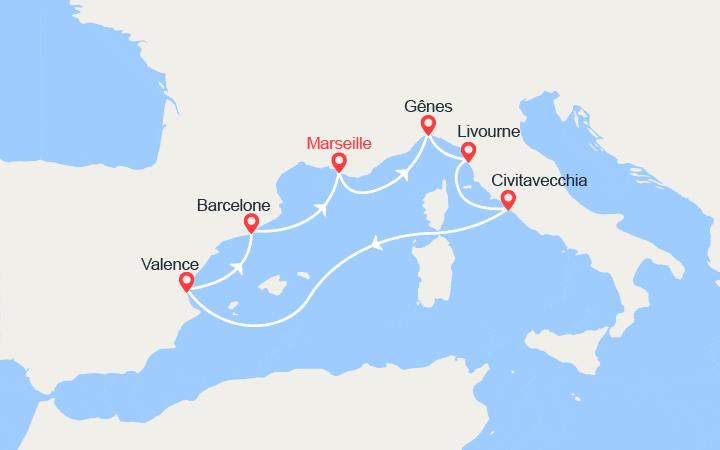 Carte itinéraire croisière Espagne, France, Italie