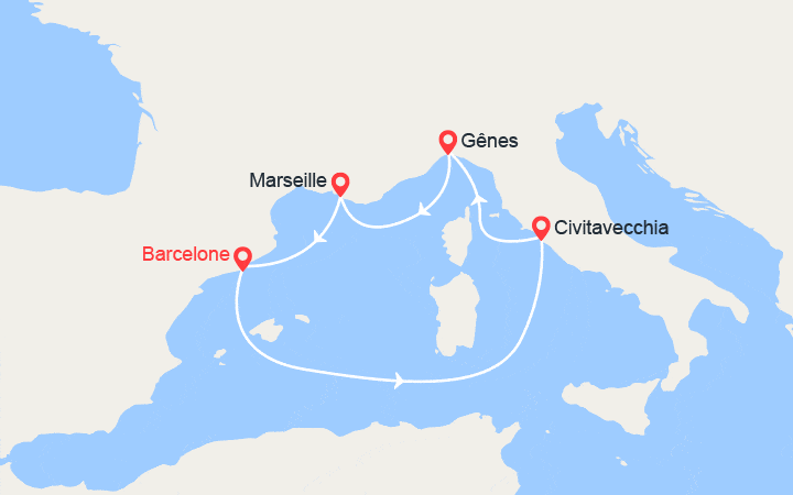 Carte itinéraire croisière Espagne, Italie, France