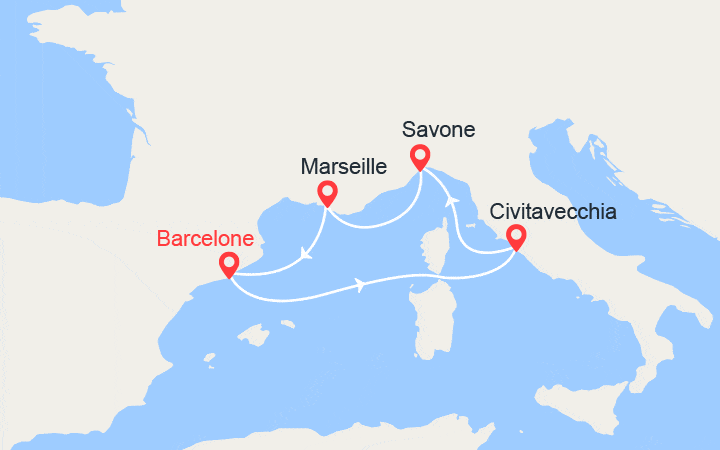 Carte itinéraire croisière Espagne, Italie, France