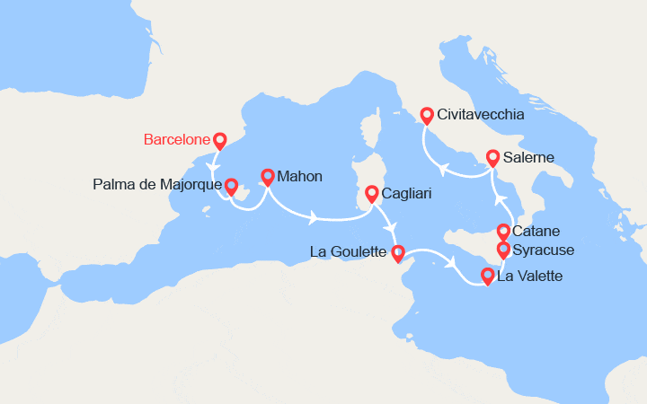Carte itinéraire croisière Espagne, Italie, Tunisie, Malte