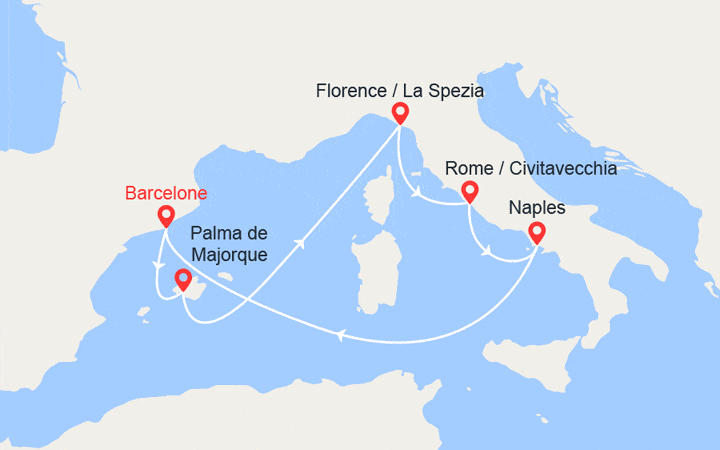 Carte itinéraire croisière Espagne, Majorque, Italie