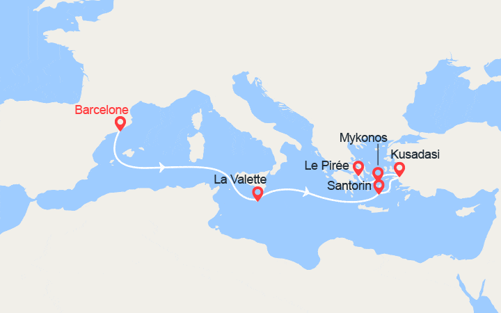 Carte itinéraire croisière Espagne, Malte, Grèce, Turquie